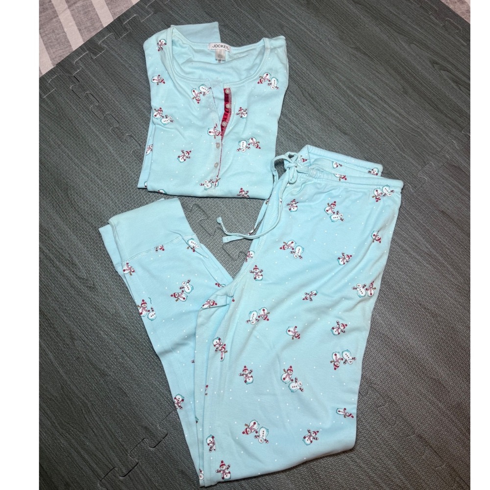 Jockey Womens Blue Snowman Cotton Pajama Set Henley Top Jogger Pants Medium